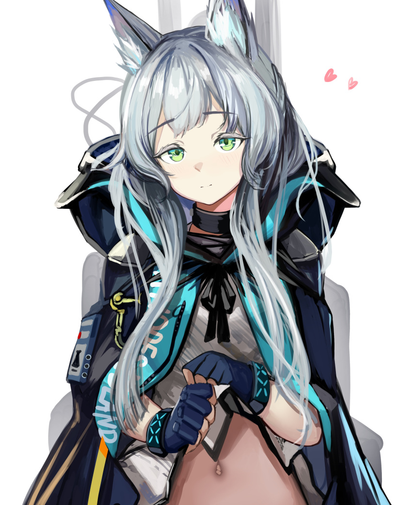 1girl absurdres animal_ears arknights black_cape black_collar blue_gloves cape cat_ears cat_girl clothes_lift clothes_writing collar dress dress_lift gloves green_eyes grey_dress head highres hood hood_down hooded_cape lifted_by_self light_blush light_smile long_hair navel nopetroto out-of-frame_censoring rosmontis_(arknights) sidelocks solo split_mouth stomach upper_body