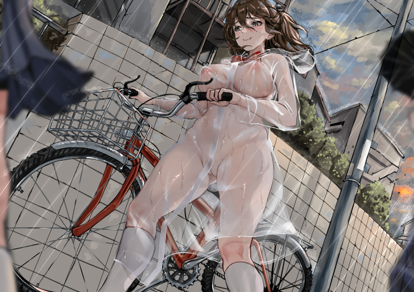 2girls absurdres aoi_sakura_(seak5545) bicycle blue_skirt blurry blurry_foreground blush bow bowtie breasts brown_eyes commentary_request cowboy_shot exhibitionism female_pubic_hair highres house large_breasts multiple_girls nude original outdoors pleated_skirt pubic_hair public_indecency pussy raincoat red_bow see-through skirt smile socks solo_focus thighs transparent_raincoat utility_pole variant_set walking wall