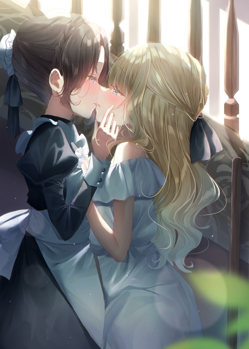 2girls absurdres apron bare_shoulders black_dress blonde_hair blue_eyes blurry blush braid brown_hair commentary_request crown_braid depth_of_field dress hair_bun half_updo hands_on_another's_cheeks hands_on_another's_face highres imminent_kiss juliet_sleeves lens_flare light_particles long_hair long_sleeves maid maid_apron multiple_girls off-shoulder_dress off_shoulder original parted_lips puffy_sleeves single_hair_bun touki_matsuri white_apron white_dress yuri