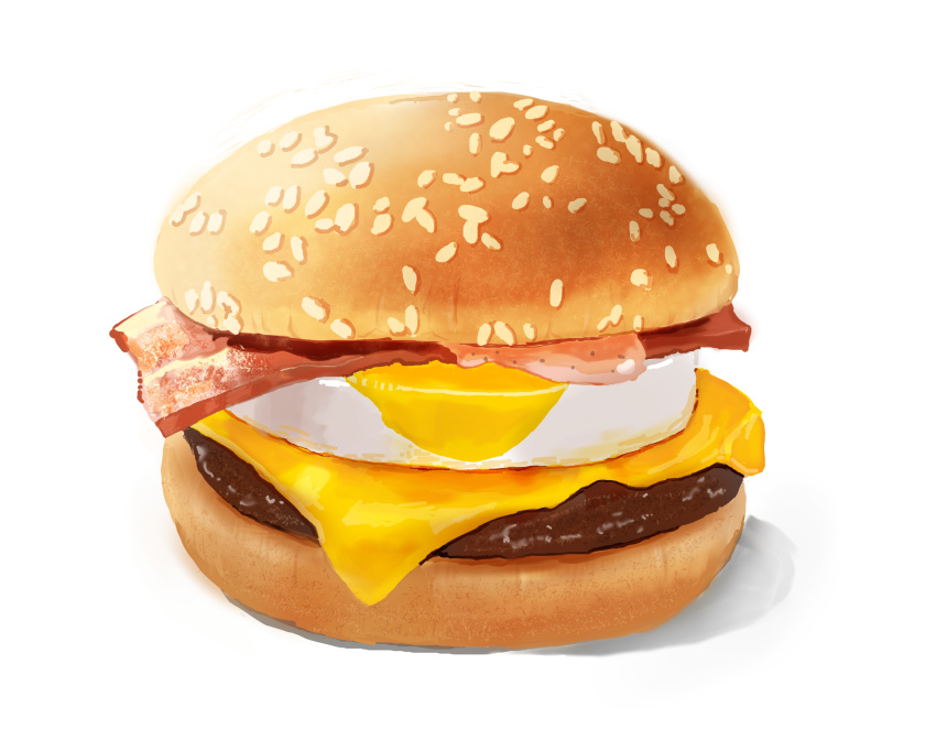 bacon burger cheese food food_focus highres meat mituko3517 no_humans original photo-referenced sesame_seeds shadow simple_background still_life white_background