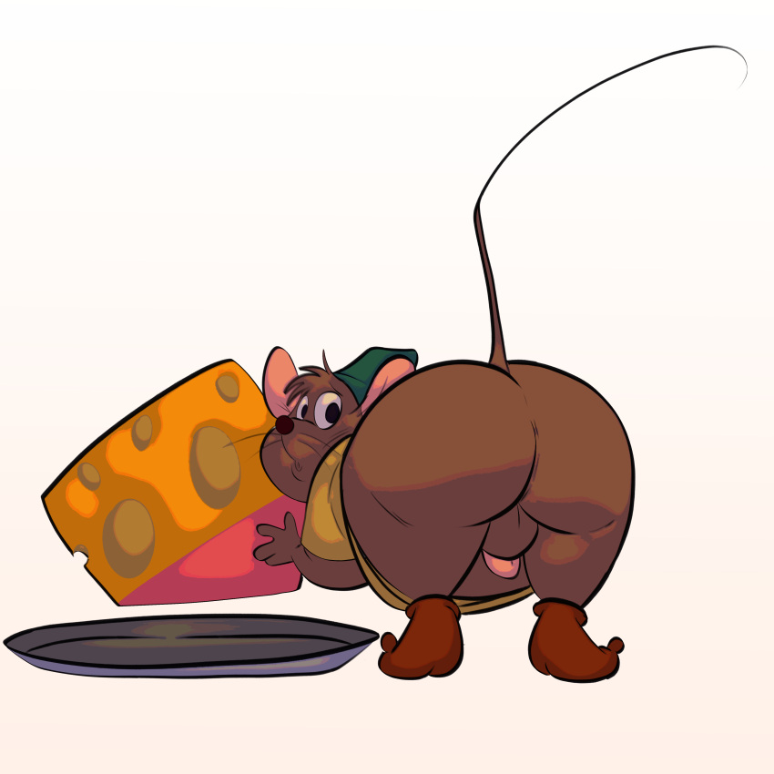 2023 absurd_res anthro balls brown_body cheese clothing dairy_products disney disney's_cinderella food genitals gus_(cinderella) hat headgear headwear hi_res male mammal micro mouse murid murine overweight overweight_male penis r4c00n rodent shirt topwear