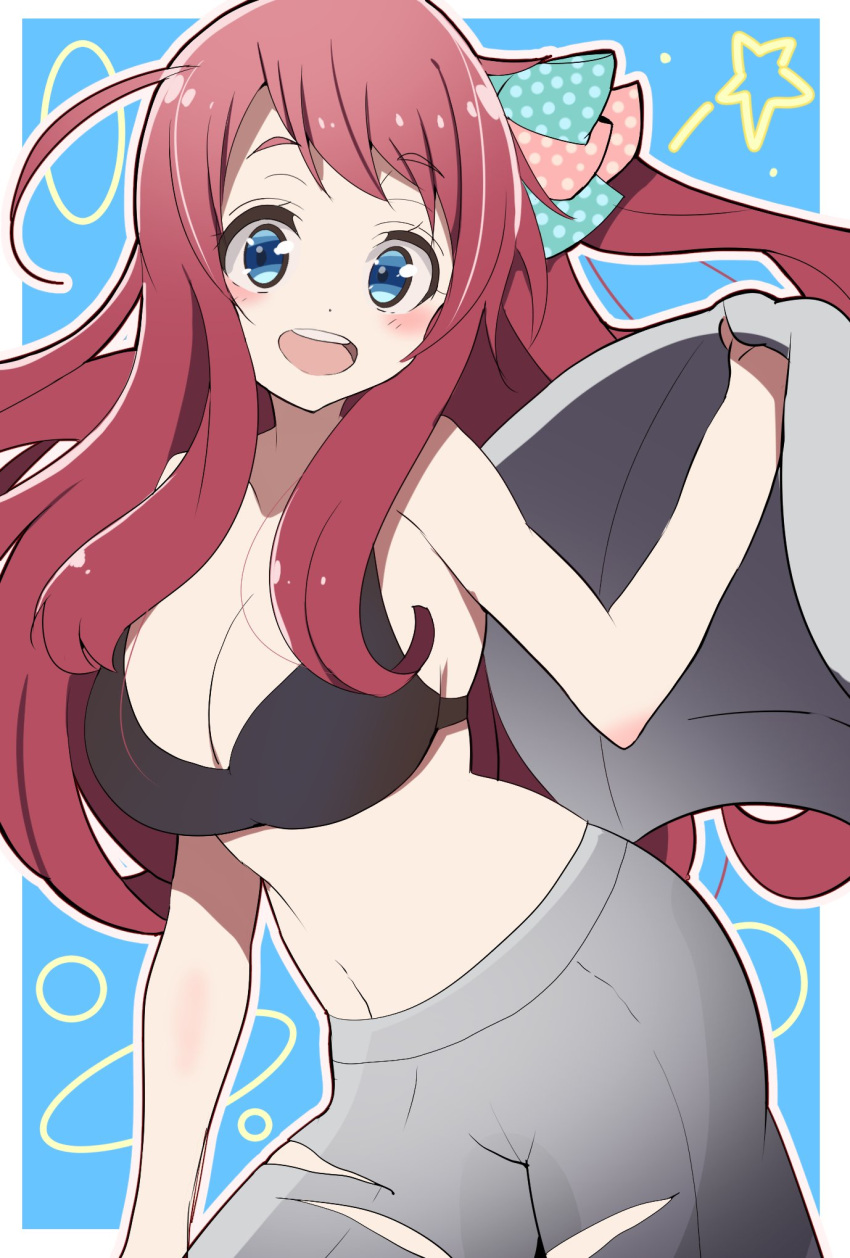 1girl ahoge belly black_bra blue_eyes bow bra breasts commentary_request highres hoken0309 large_breasts looking_at_viewer minamoto_sakura open_mouth polka_dot polka_dot_bow polka_dot_ribbon red_hair ribbon simple_background smile solo underwear zombie_land_saga