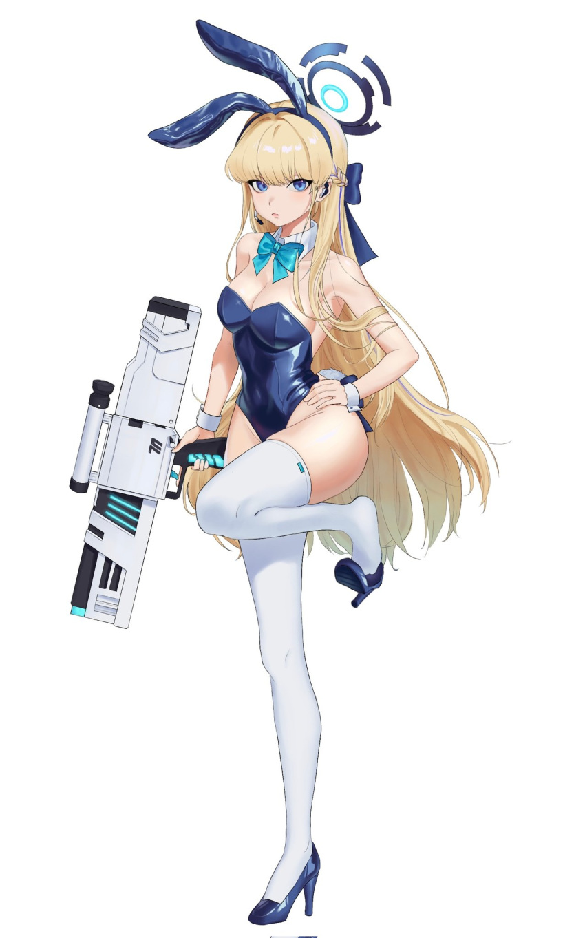1girl 5uj0 animal_ears assault_rifle bare_shoulders blonde_hair blue_archive blue_eyes blue_footwear blue_leotard bow bowtie braid breasts cleavage closed_mouth corrupted_twitter_file covered_navel detached_collar earpiece fake_tail full_body groin gun h&amp;k_g11 hairband halo hand_on_own_hip high_heels highres holding holding_gun holding_weapon leotard long_hair looking_at_viewer medium_breasts microphone multicolored_hair playboy_bunny rabbit_ears rabbit_tail rifle simple_background solo streaked_hair tail thighhighs toki_(blue_archive) toki_(bunny)_(blue_archive) very_long_hair weapon white_background white_thighhighs wrist_cuffs