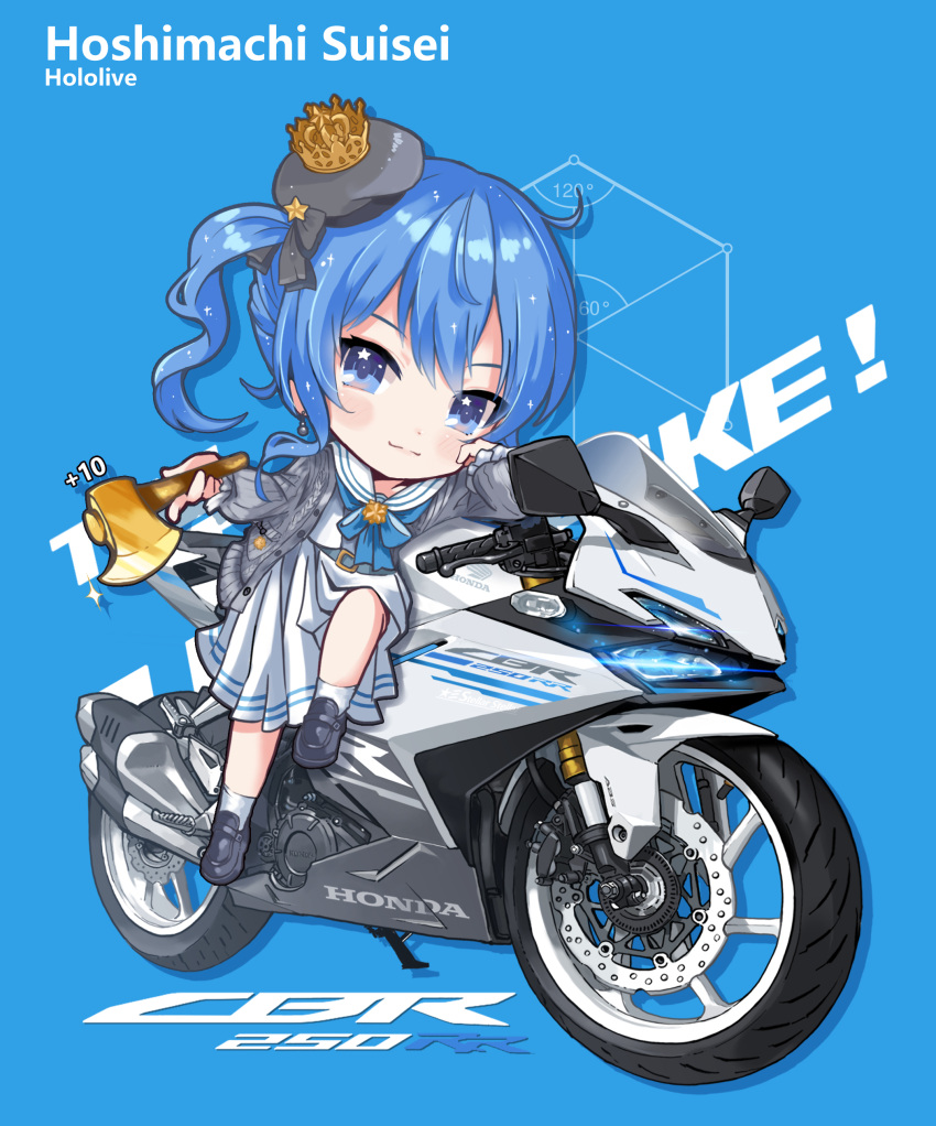 1girl absurdres axe beret black_bow blue_background blue_eyes blue_hair blush bow cardigan character_name closed_mouth commentary_request crown golden_axe_(weapon) grey_cardigan grey_footwear grey_headwear hair_bow hair_ornament hat highres holding holding_axe hololive honda honda_cbr250rr hoshimachi_suisei hoshimachi_suisei_(school_uniform) loafers long_sleeves mini_crown open_cardigan open_clothes pleated_skirt puffy_long_sleeves puffy_sleeves sailor_collar school_uniform serafuku shirt shoes side_ponytail simple_background skirt sleeves_past_wrists smile socks solo star_(symbol) star_hair_ornament star_in_eye symbol_in_eye tilted_headwear virtual_youtuber white_sailor_collar white_serafuku white_shirt white_skirt white_socks yoyoko707