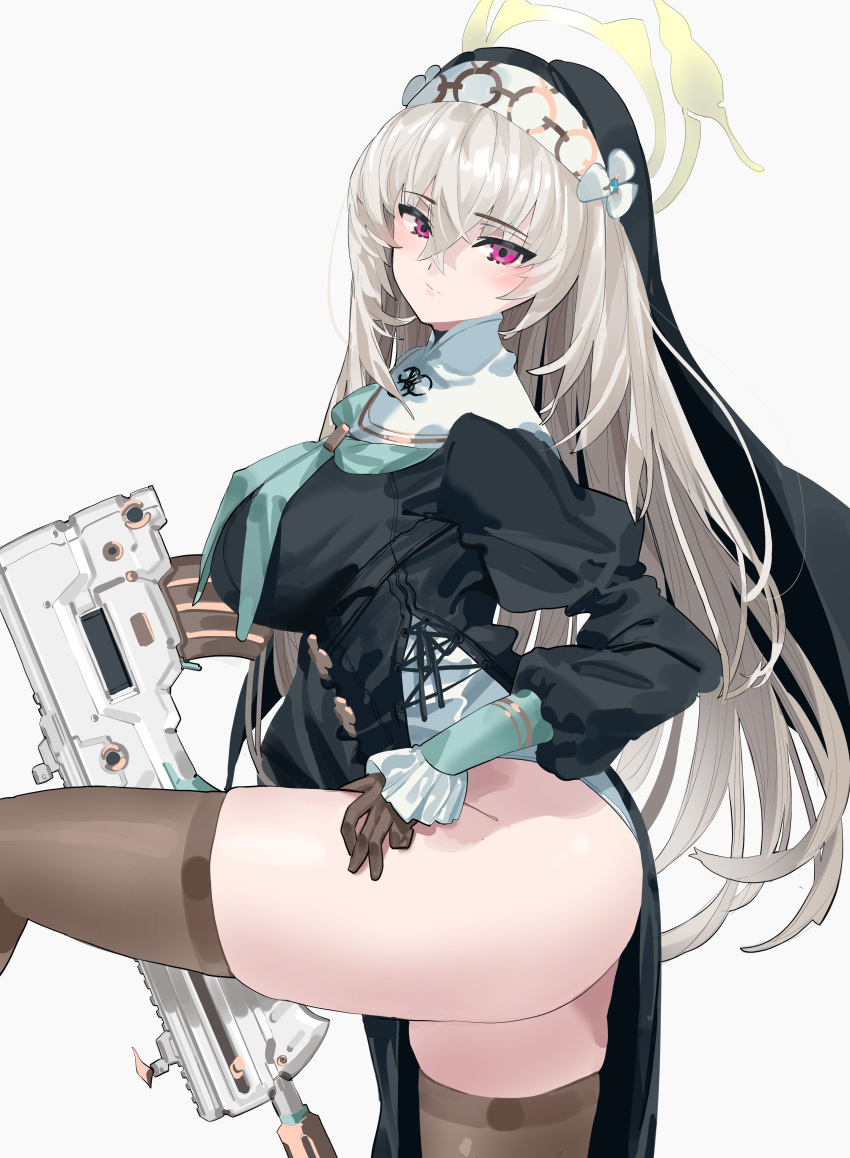 1girl absurdres assault_rifle black_dress blue_archive blush breasts brown_thighhighs bullpup closed_mouth dress frilled_sleeves frills gloves grey_gloves grey_hair gun habit halo hand_on_leg highres iwi_tavor kazukingu large_breasts leg_up leotard leotard_under_clothes long_hair looking_at_viewer purple_eyes rifle sakurako_(blue_archive) simple_background solo thighhighs weapon white_background white_leotard