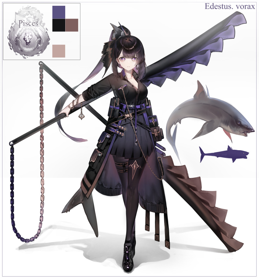 1girl absurdres black_hair black_pantyhose black_shirt black_skirt chain color_guide earrings fins fish fish_tail full_body helicoprion highres holding holding_sword holding_weapon huge_weapon jewelry long_hair original pantyhose ponytail prehistoric_animal purple_eyes ribiadan shark_girl shark_tail shirt skirt standing sword tail thigh_strap very_long_hair weapon