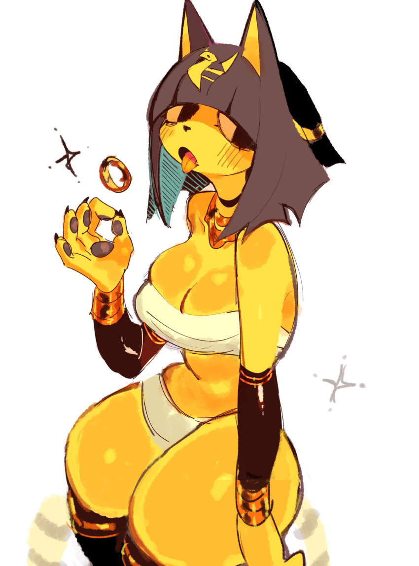 animal_crossing ankha_(animal_crossing) anthro black_hair clothed clothing domestic_cat felid feline felis female fur hair hi_res mammal nintendo open_mouth pawpads simple_background solo tongue tongue_out usa37107692 yellow_body yellow_fur