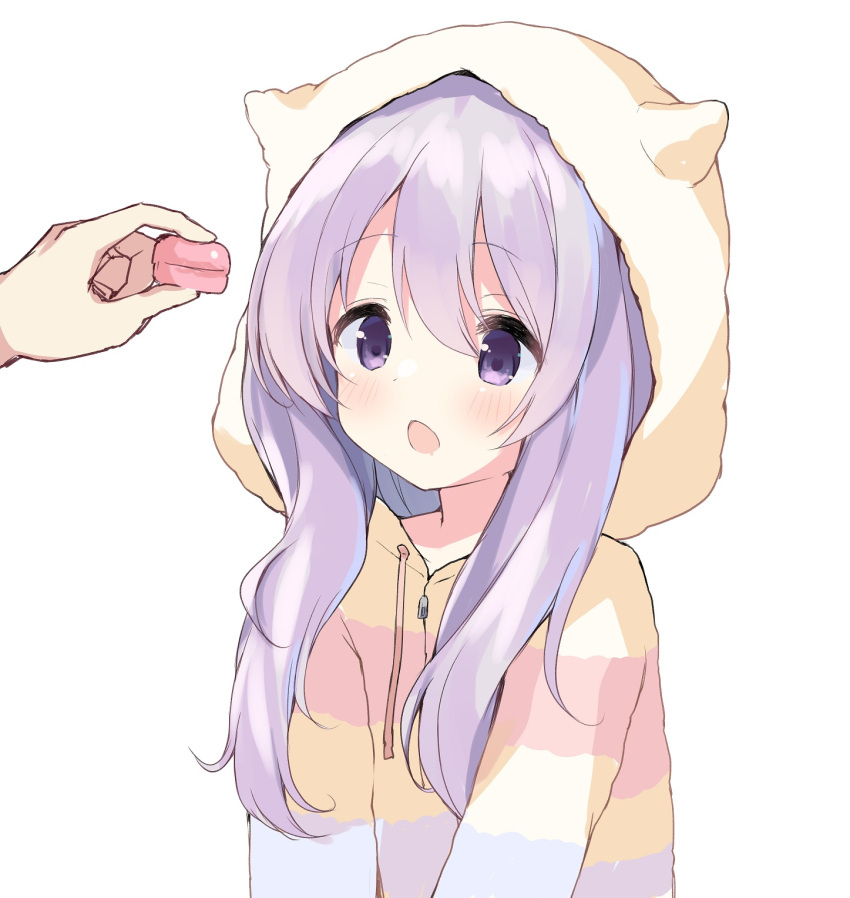 1girl anata_ni_koi_suru_ren'ai_recette blush food hair_between_eyes highres holding holding_food hood hood_up hooded_jacket jacket long_hair long_sleeves looking_at_another macaron multicolored_clothes multicolored_jacket orange_jacket out_of_frame purple_eyes purple_hair shirosaki_mieru simple_background solo takepoison upper_body white_background