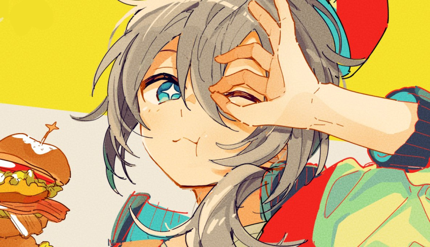 1boy 4_(nakajima4423) blue_eyes blue_jacket blush burger closed_mouth ensemble_stars! food green_jacket grey_hair holding holding_food jacket looking_at_viewer male_focus multicolored_background multicolored_clothes multicolored_jacket ok_sign ok_sign_over_eye one_eye_closed red_headwear red_jacket shiina_niki shirt solo star-shaped_pupils star_(symbol) symbol-shaped_pupils white_background white_shirt yellow_background