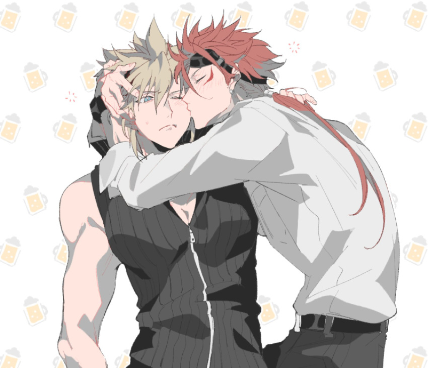 2boys bare_shoulders beer_mug belt black_belt blonde_hair blue_eyes blush closed_eyes cloud_strife collared_shirt cup facial_mark final_fantasy final_fantasy_vii final_fantasy_vii_advent_children frown goggles goggles_on_head grey_pants grey_shirt hair_between_eyes hair_tie hand_in_another's_hair hand_on_another's_shoulder highres kiss kissing_cheek long_sleeves looking_at_another low_ponytail male_focus mug multiple_boys one_eye_closed pants pokashi red_hair reno_(ff7) shirt short_hair short_hair_with_long_locks sleeveless sleeveless_shirt spiked_hair sweatdrop toned toned_male upper_body watch white_shirt wristwatch yaoi