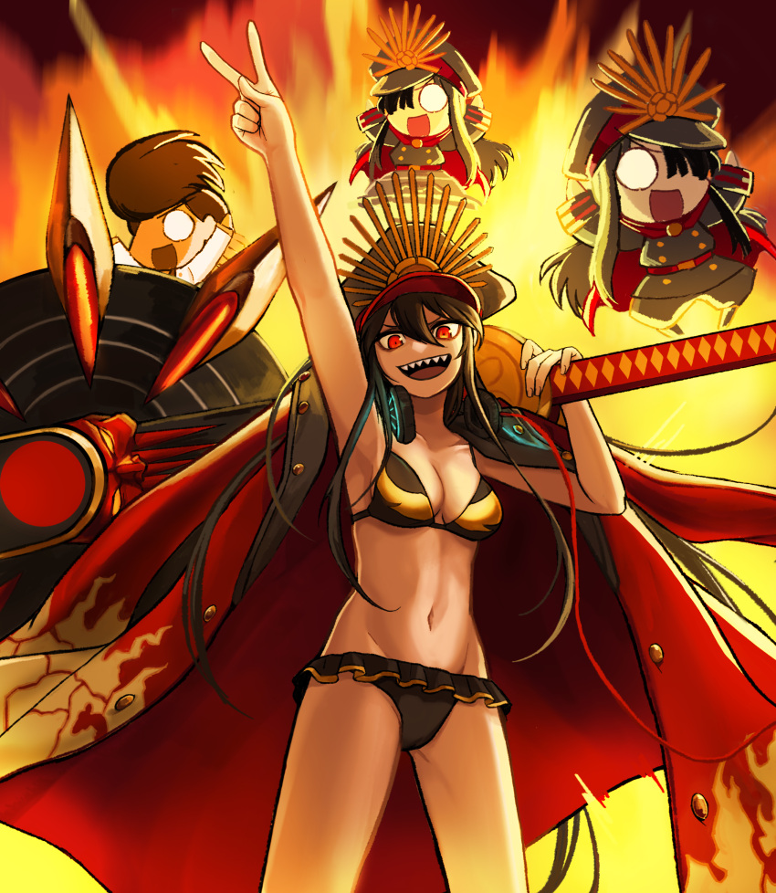 absurdres badnick69_(camchi) bikini black_bikini family_crest fate/grand_order fate_(series) guitar hair_between_eyes hat headphones headphones_around_neck highres holding instrument long_hair military_hat oda_nobunaga_(fate) oda_nobunaga_(swimsuit_berserker)_(fate) oda_uri open_mouth peaked_cap red_eyes sharp_teeth swimsuit teeth upper_teeth_only v very_long_hair