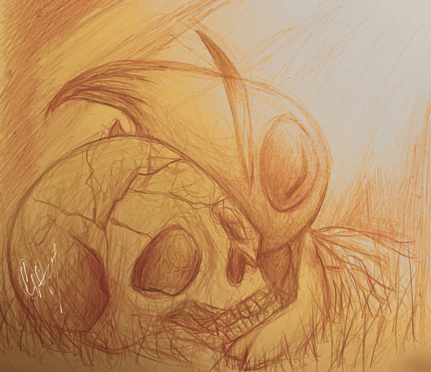 1other antennae artist_name celebi closed_eyes colored_pencil_(medium) commentary_request crack grass highres hugging_object monochrome on_ground orange_theme other_focus outdoors pokemon pokemon_(creature) signature sketch skull solo tensaitou_tou traditional_media u_u