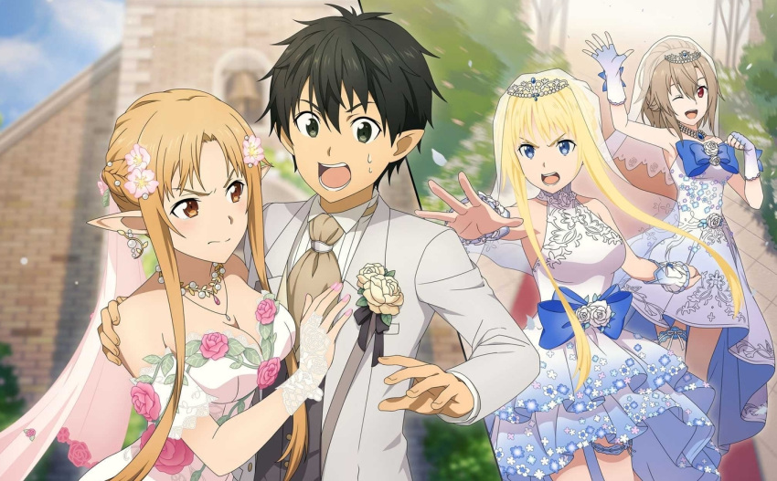 1boy 3girls ;d alice_zuberg asuna_(stacia) black_eyes black_hair blonde_hair blue_dress blue_eyes blurry blurry_background braid breasts brown_eyes brown_hair cleavage collarbone dress eydis_(sao) fingerless_gloves flower gloves gradient_dress gradient_gloves hair_flower hair_ornament hand_on_another's_shoulder jacket jewelry kirito_(sao-alo) layered_dress long_hair long_sleeves medium_breasts multiple_girls nail_polish necklace one_eye_closed open_clothes open_jacket open_mouth outstretched_arm pink_flower pink_nails pink_rose pointy_ears rose shirt short_dress short_hair single_thighhigh sleeveless sleeveless_dress smile strapless strapless_dress sweatdrop sword_art_online thigh_strap thighhighs v-shaped_eyebrows very_long_hair wedding_dress white_dress white_flower white_jacket white_rose white_shirt