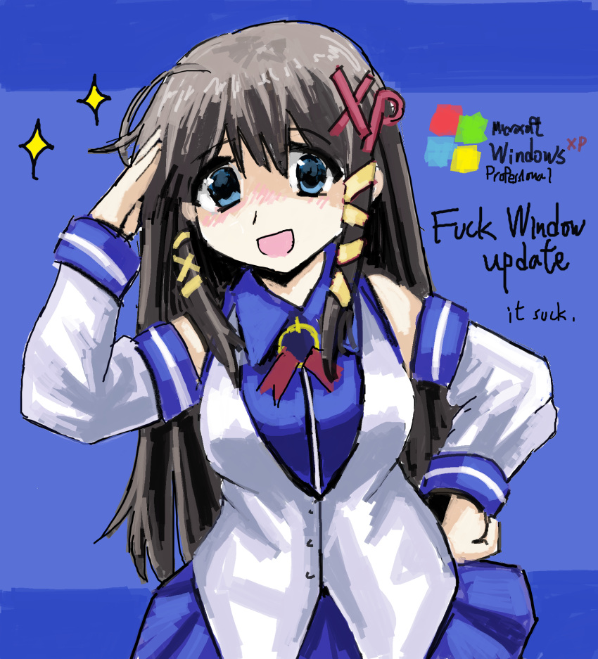 1girl :d ahoge black_hair blue_eyes blush breasts detached_sleeves diu9you english_text engrish_text hair_ornament hand_on_own_hip hand_up highres letter_hair_ornament long_hair long_sleeves looking_at_viewer medium_breasts microsoft_paint_(medium) microsoft_windows nose_blush open_mouth os-tan profanity ranguage smile solo sparkle standing straight_hair tareme vest white_vest windows_xp x_hair_ornament xp-tan