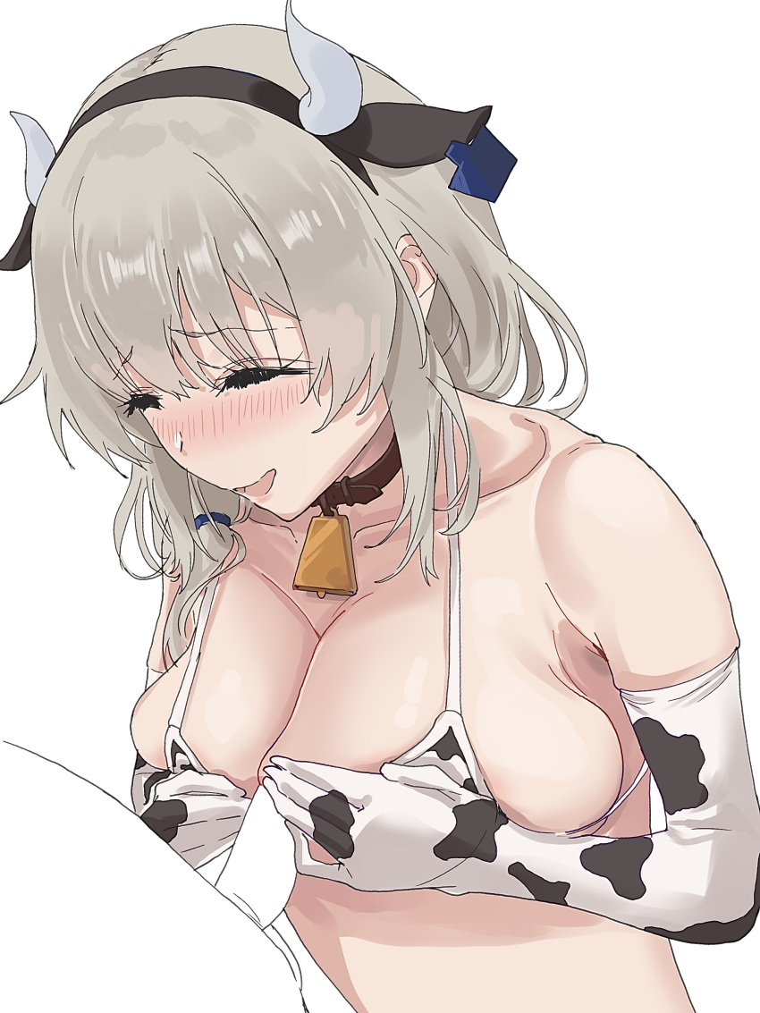 1boy 1girl absurdres animal_ears animal_print bell bikini blush breasts closed_eyes cow_ears cow_horns cow_print cowbell ear_tag elbow_gloves fake_animal_ears fake_horns gloves hetero highres horns large_breasts long_hair ltotyht neck_bell nose_blush open_mouth paizuri penis simple_background solo_focus swimsuit upper_body uzaki-chan_wa_asobitai! uzaki_tsuki white_background