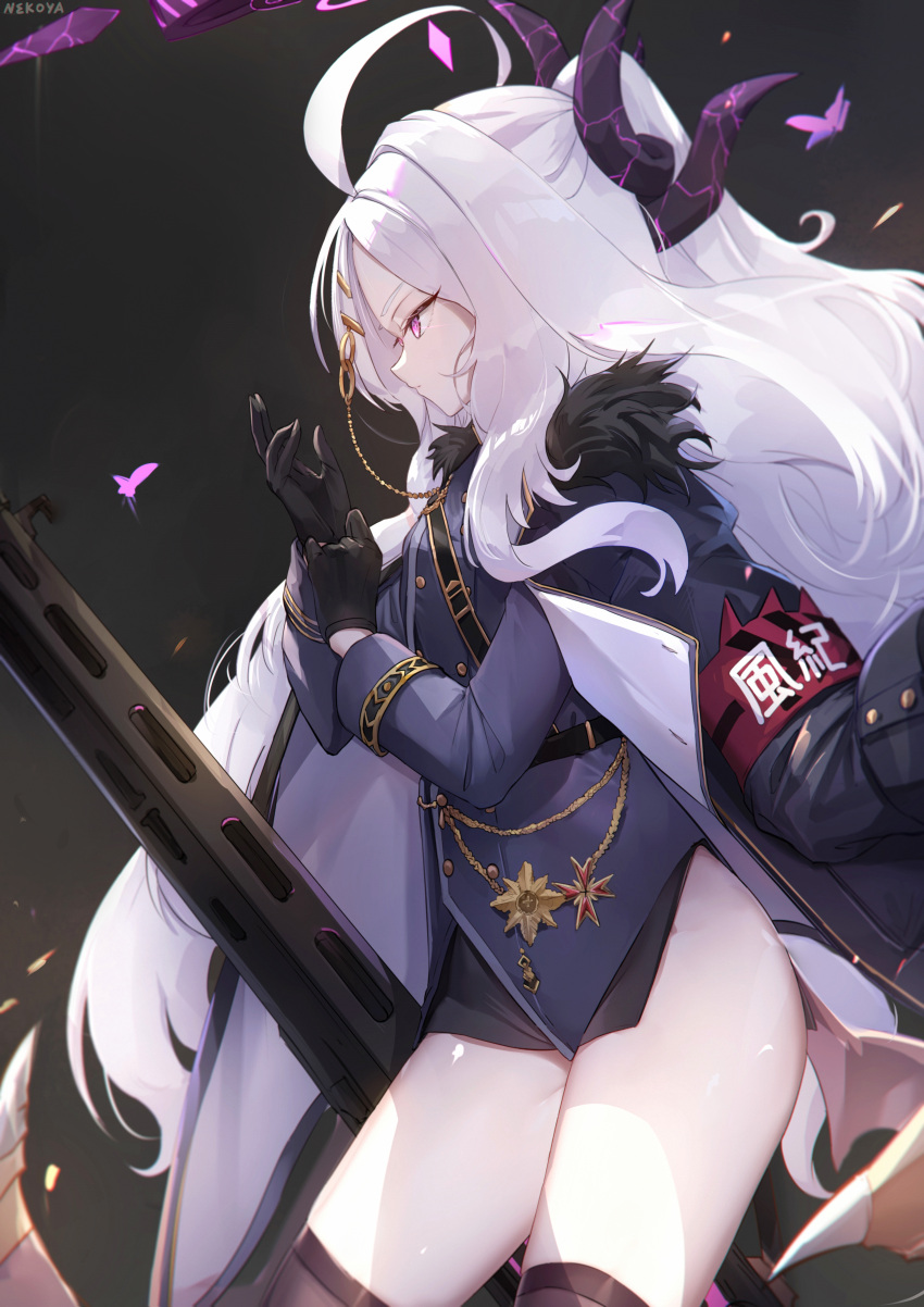 1girl absurdres ahoge armband black_gloves black_thighhighs blue_archive bug butterfly coat facing_to_the_side from_side fur-trimmed_coat fur_trim glove_pull gloves gun halo highres hina_(blue_archive) horns jacket jacket_on_shoulders long_hair machine_gun nekoya_(liu) purple_butterfly purple_eyes solo thighhighs thighs very_long_hair weapon white_hair