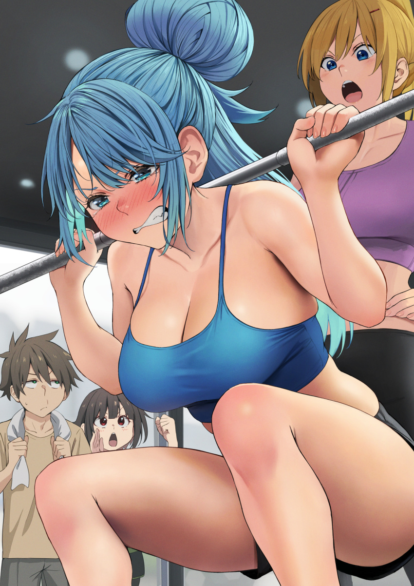 1boy 3girls aqua_(konosuba) bare_shoulders black_pants black_shorts blonde_hair blue_eyes blue_hair blue_sports_bra blurry blurry_background blush breasts brown_hair cleavage clenched_teeth collarbone commentary darkness_(konosuba) exercise foreshortening green_eyes hair_between_eyes hair_bun hair_ornament hairclip hand_on_own_hip hands_up highres holding indoors izawa_(bhive003) kono_subarashii_sekai_ni_shukufuku_wo! large_breasts long_hair looking_down looking_up megumin multiple_girls nose_blush open_mouth pants red_eyes satou_kazuma shirt shorts single_hair_bun sports_bra squatting strap_gap teeth towel towel_around_neck upper_teeth_only v-shaped_eyebrows yoga_pants