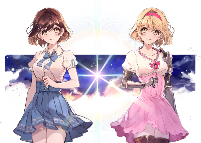 2girls absurdres armor black_thighhighs blonde_hair blue_bow blue_bowtie blue_skirt bow bowtie brown_hair character_request closed_mouth collarbone collared_shirt cowboy_shot cunonn djeeta_(granblue_fantasy) dress_shirt floating_hair gauntlets granblue_fantasy hairband high-waist_skirt highres looking_at_viewer medium_hair miniskirt multiple_girls neck_ribbon pink_skirt pleated_skirt red_hairband red_ribbon ribbon shirt short_sleeves shoulder_armor skirt smile standing thighhighs white_shirt wing_collar yellow_eyes