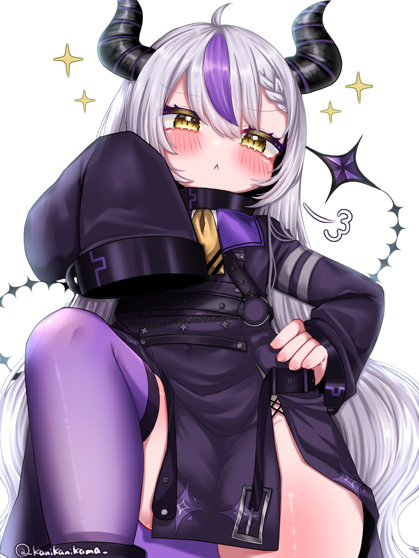1girl :&lt; absurdres ahoge ascot black_horns blush braid braided_bangs breasts coat coat_dress collar hand_on_own_hip highres hololive horns kanimanju la+_darknesss la+_darknesss_(1st_costume) looking_at_viewer metal_collar multicolored_hair pointy_ears purple_coat purple_hair purple_thighhighs single_thighhigh sleeves_past_fingers sleeves_past_wrists small_breasts solo streaked_hair striped_horns thighhighs virtual_youtuber yellow_ascot yellow_eyes