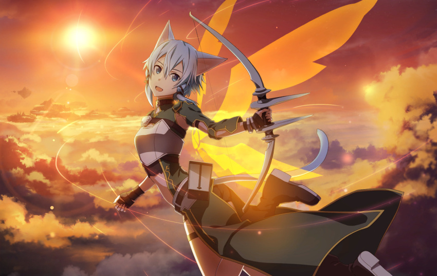 1girl :d animal_ears armor armpit_cutout black_footwear black_gloves black_ribbon black_shorts blue_eyes blue_hair bow_(weapon) breastplate cat_ears cat_girl cat_tail clothing_cutout day fingerless_gloves flying gloves hair_between_eyes hair_ribbon holding holding_bow_(weapon) holding_weapon long_sleeves looking_at_viewer midriff open_mouth outdoors overskirt ribbon short_hair_with_long_locks short_shorts shorts sidelocks sinon_(sao-alo) smile solo stomach sword_art_online tail weapon