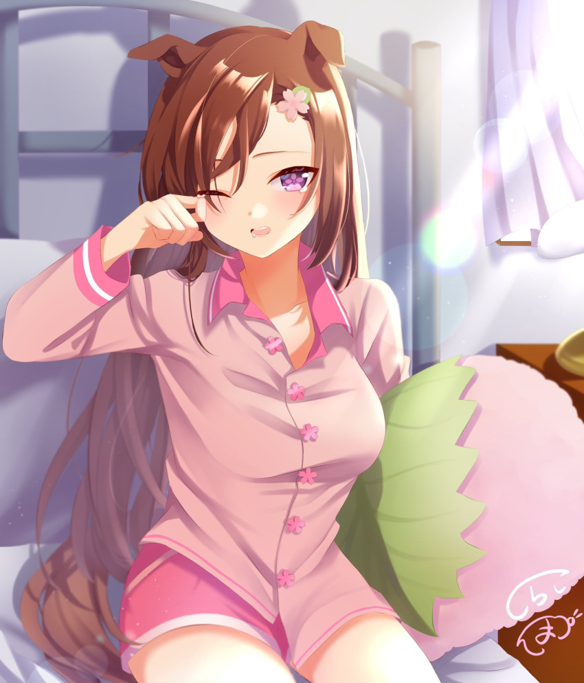 1girl animal_ears bed blush breasts commentary_request curtains ears_down flower-shaped_pupils hair_down hair_ornament hairclip highres holding holding_pillow horse_ears horse_girl horse_tail indoors lens_flare long_hair long_sleeves looking_at_viewer medium_breasts on_bed one_eye_closed open_mouth pillow pink_shirt pink_shorts ponzu_(rrrritisu) sakura_bakushin_o_(umamusume) shirt shorts sleepwear solo symbol-shaped_pupils tail umamusume waking_up