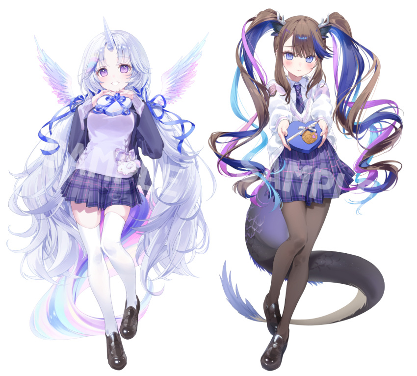 :d a20_(atsumaru) airi_kanna ayatsuno_yuni black_footwear black_pantyhose blue_hair blue_necktie blue_skirt blush box brown_hair collared_shirt feathered_wings full_body furrowed_brow grin hair_ribbon heart-shaped_box horns incoming_gift loafers long_hair long_sleeves low_twintails mini_wings miniskirt multicolored_hair necktie open_mouth own_hands_together pantyhose parted_bangs plaid plaid_skirt pleated_skirt purple_eyes purple_ribbon raised_eyebrows ribbon sample_watermark school_uniform shirt shoes sidelocks simple_background single_horn skindentation skirt smile stellive sweater teeth thighhighs twintails two-tone_hair v-neck very_long_hair virtual_youtuber white_background white_hair white_shirt white_sweater white_thighhighs wings