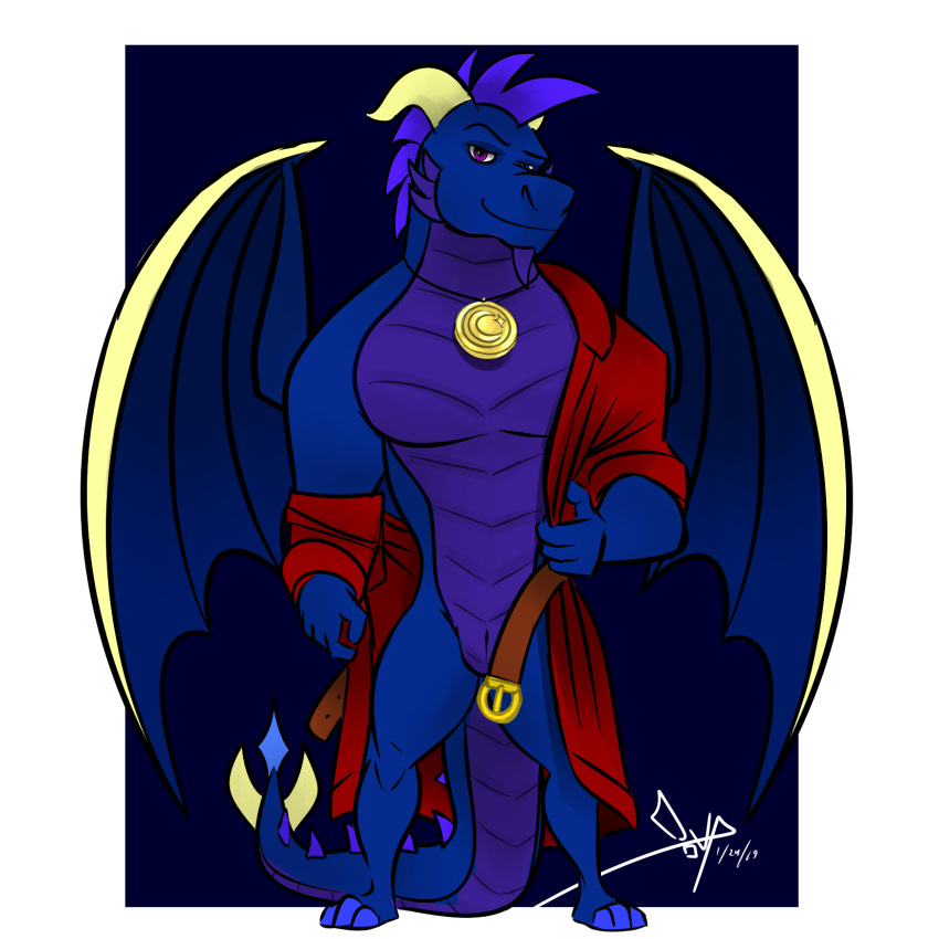 anthro belt belt_buckle bgn bright_sight_(oc) clothing dragon frill_(anatomy) heterochromia hi_res horn looking_at_viewer male medallion muscular pecs robe slit solo spines tail undressing wings