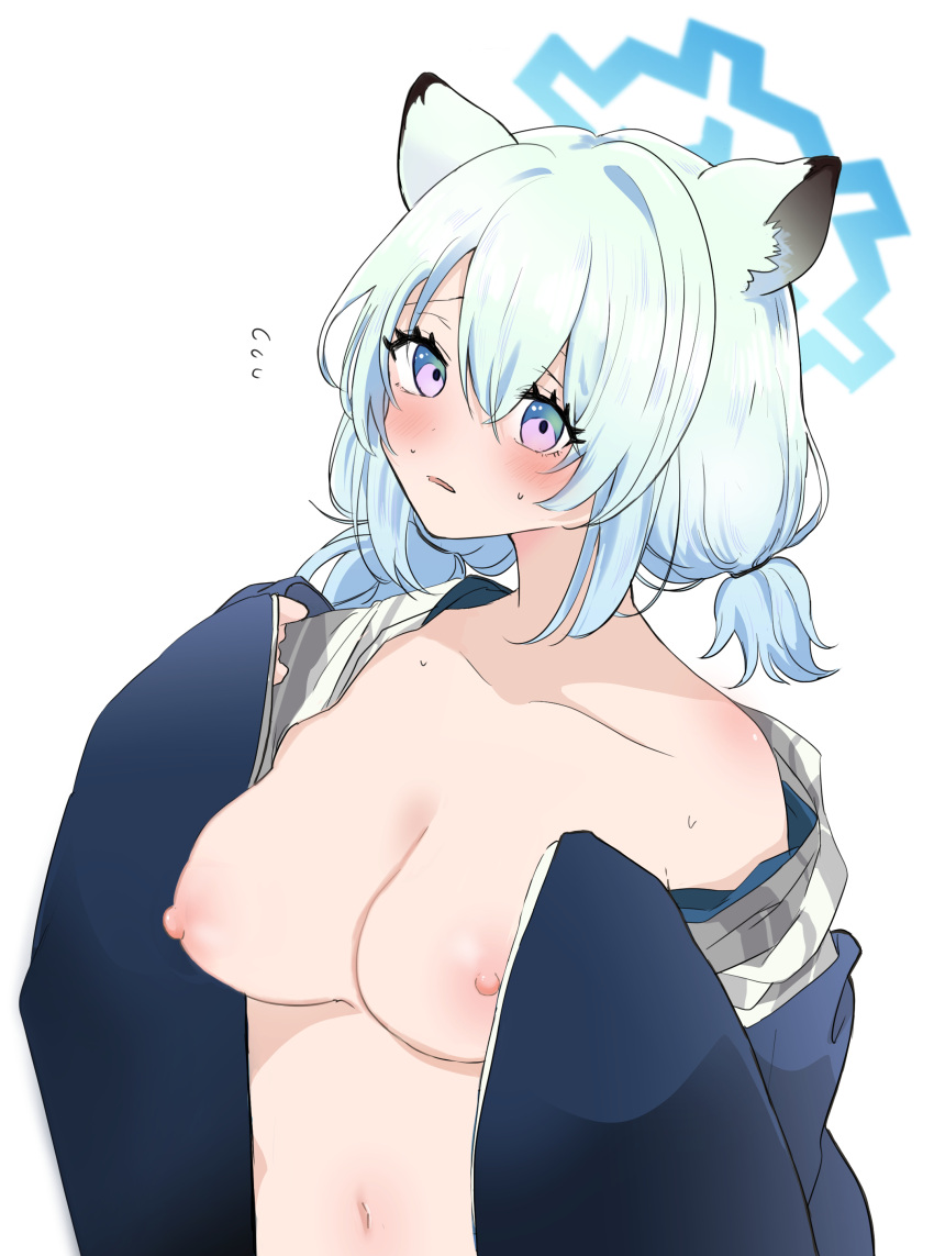 1girl absurdres animal_ears blue_archive blue_halo breasts cleavage collarbone flying_sweatdrops halo highres large_breasts light_green_hair long_hair nipples official_alternate_costume pink_eyes ririnono_(sakuraba77) shigure_(blue_archive) shigure_(hot_spring)_(blue_archive) simple_background solo upper_body weasel_ears white_background