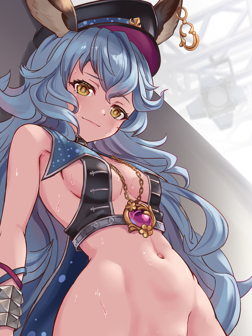 1girl animal_ears arms_behind_back bare_shoulders bell_(angelicalary) black_headwear blue_hair blush breasts cape chain crop_top curly_hair earrings embarrassed erune ferry_(granblue_fantasy) from_below gold_chain granblue_fantasy groin hair_between_eyes hat highres hip_focus jewelry long_hair looking_at_viewer looking_down medium_breasts navel necklace nervous_smile no_bra out-of-frame_censoring sideboob single_earring sleeveless small_breasts smile solo stage_lights very_long_hair yellow_eyes