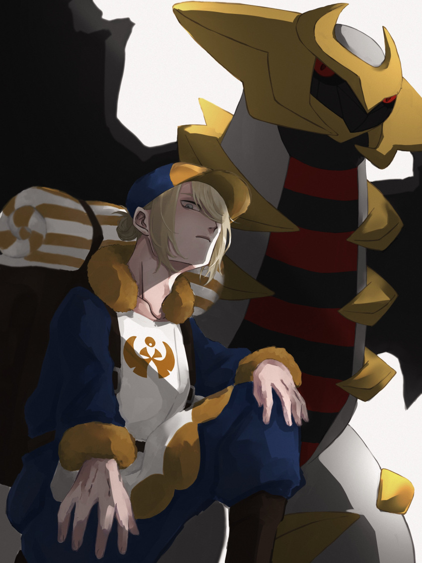 1boy absurdres backpack bag bakushi_kn black_eyes blonde_hair blue_eyes colored_sclera giratina hair_over_one_eye hand_on_own_knee hat highres looking_at_viewer male_focus pokemon pokemon_(creature) pokemon_(game) pokemon_legends:_arceus red_sclera short_hair simple_background sleeping_bag volo_(pokemon) white_background wings