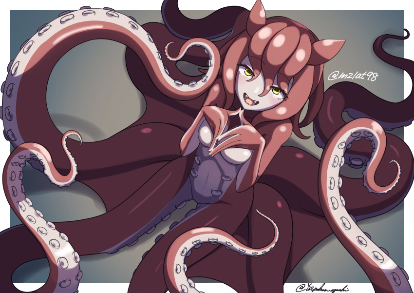 1girl absurdres artist_name breasts colored_skin fangs full_body grey_background hair_between_eyes hands_up highres horizontal_pupils long_hair looking_at_viewer monster_girl nude open_mouth original own_hands_together red_hair red_skin scylla sharp_teeth simple_background small_breasts solo suction_cups teeth tentacle_hair tentacles toipokun_oyashi twitter_username yellow_eyes
