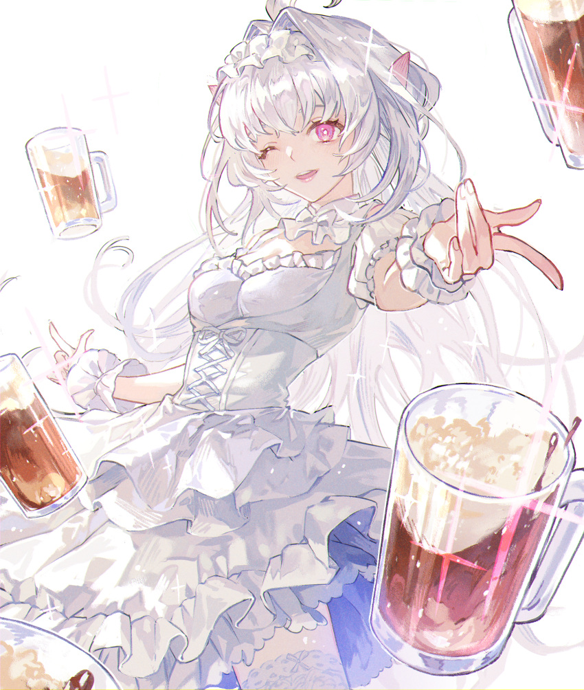 1girl ahoge alcohol bare_shoulders beer beer_mug breasts cleavage_cutout clothing_cutout corset cup dirndl dress fate/grand_order fate_(series) frilled_hairband frills german_clothes hairband highres long_hair looking_at_viewer medium_breasts merlin_(fate/prototype) mug nashiko_(nanaju_ko) one_eye_closed open_mouth pink_eyes pointy_ears scrunchie smile solo sparkle thighhighs thighs very_long_hair white_dress white_hair white_thighhighs wrist_scrunchie