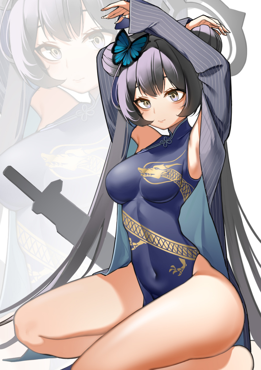 1girl 3: armpits arms_behind_head ass assault_rifle bare_legs barefoot black_coat black_dress black_hair blue_archive breasts butterfly_hair_ornament china_dress chinese_clothes coat commentary_request covered_navel double_bun dress grey_eyes gun hair_between_eyes hair_bun hair_ornament halo highres kisaki_(blue_archive) long_hair long_sleeves looking_at_viewer medium_breasts nopon painttool_sai_(medium) pelvic_curtain rifle seiza side_slit sidelocks silhouette simple_background sitting sleeveless sleeveless_turtleneck_dress solo twintails weapon xiamu_chiyu zoom_layer