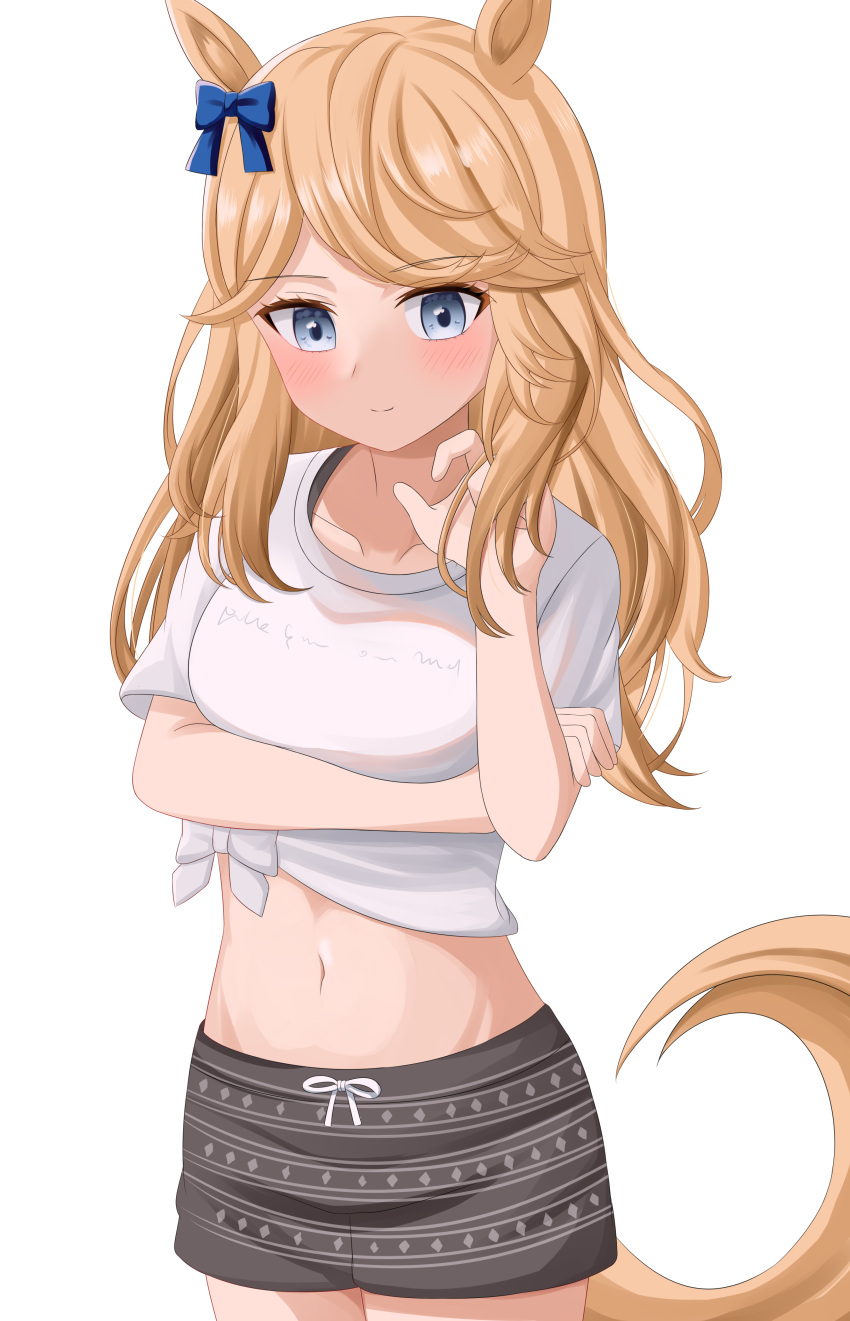 1girl absurdres animal_ears aparu black_shorts blonde_hair blue_bow blue_eyes blush bow commentary_request cowboy_shot crop_top ear_bow gaze_on_me!_outfit_(umamusume) gold_city_(umamusume) hair_bow highres horse_ears long_hair looking_at_viewer midriff navel partial_commentary shirt shirt_bow short_shorts short_sleeves shorts simple_background solo standing stomach tail tied_shirt umamusume white_background white_bow white_shirt