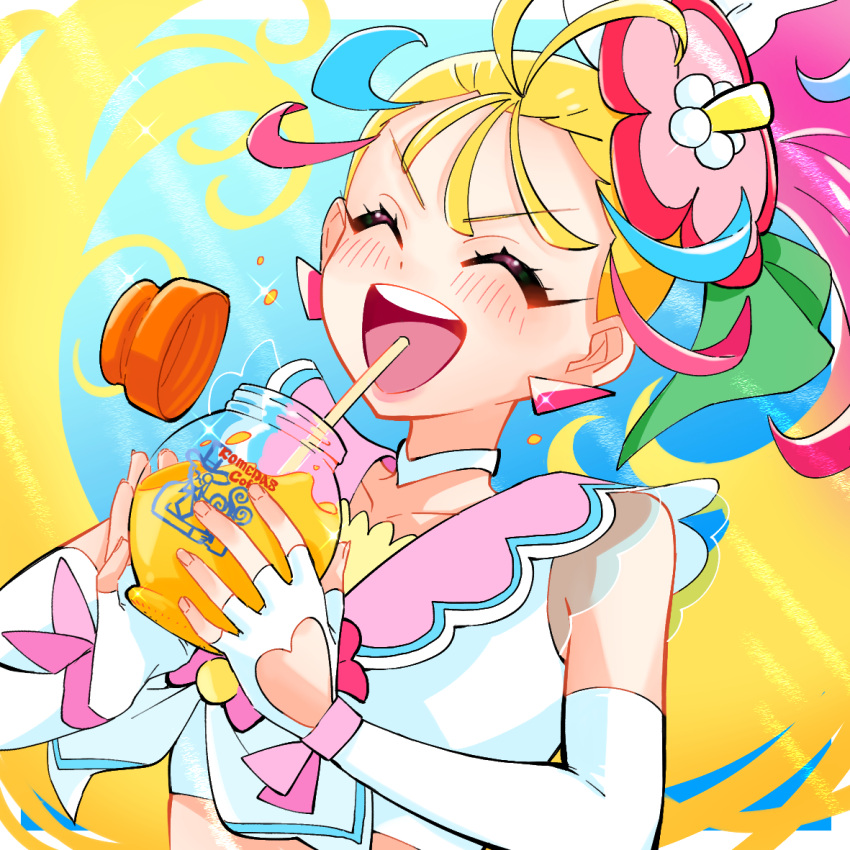 1girl :d blonde_hair blue_hair bow choker clothing_cutout commentary cropped_shirt cup cure_summer drinking_straw earrings elbow_gloves facing_viewer fingerless_gloves flower gloves hair_flower hair_ornament hair_pulled_back heart_cutout hibiscus holding holding_cup jar jewelry long_hair magical_girl monster_rally multicolored_hair natsuumi_manatsu open_mouth pink_hair pink_sailor_collar precure red_hair sailor_collar shirt side_ponytail sleeveless sleeveless_shirt smile solo star_(symbol) star_earrings streaked_hair tropical-rouge!_precure upper_body v-shaped_eyes very_long_hair white_bow white_choker white_gloves white_shirt