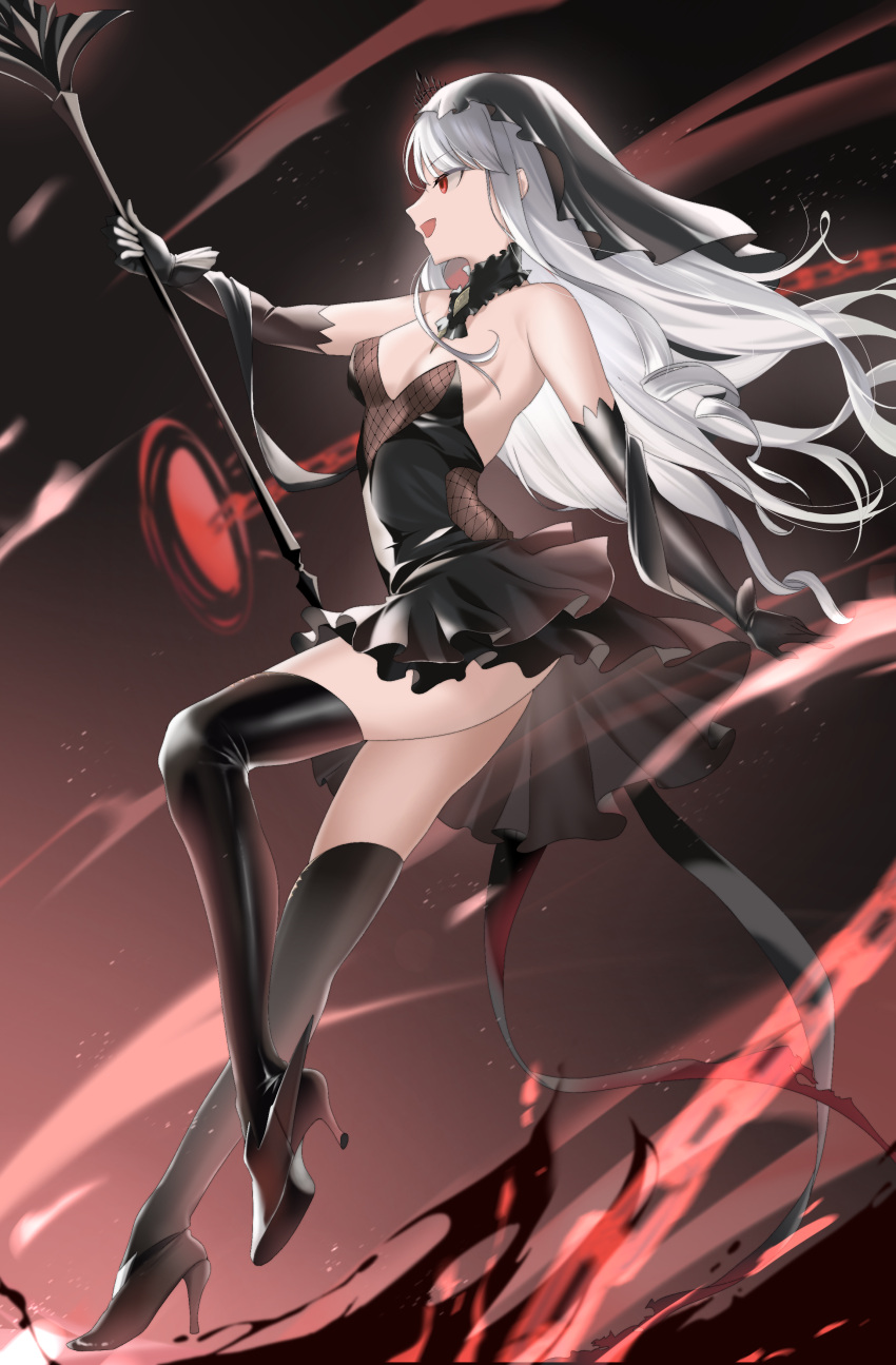 1girl absurdres ass azur_lane black_dress black_footwear black_thighhighs black_veil breasts bridal_veil cleavage crown dress elbow_gloves fishnet_fabric frilled_dress frills from_side gloves grey_hair high_heels highres holding holding_scepter long_hair mini_crown open_mouth oxygen_mask_(oxygenmask233) profile queen_elizabeth_(meta)_(azur_lane) red_eyes scepter sideboob sleeveless sleeveless_dress small_breasts smile solo standing thighhighs thighs veil wavy_hair