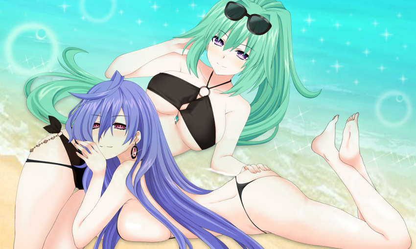 2girls ahoge ass beach bikini black_bikini blush breasts cleavage commentary_request commission earrings eyewear_on_head feet green_hair green_heart hair_between_eyes hand_on_another's_ass iris_heart jewelry kagura_ittou kami_jigen_game_neptune_v large_breasts long_hair looking_at_viewer lying multiple_girls neptune_(series) o-ring o-ring_bikini on_stomach pixiv_commission ponytail power_symbol purple_eyes purple_hair red_eyes sidelocks smile soles sparkle sunglasses swimsuit symbol-shaped_pupils the_pose toes untied_bikini_top very_long_hair water