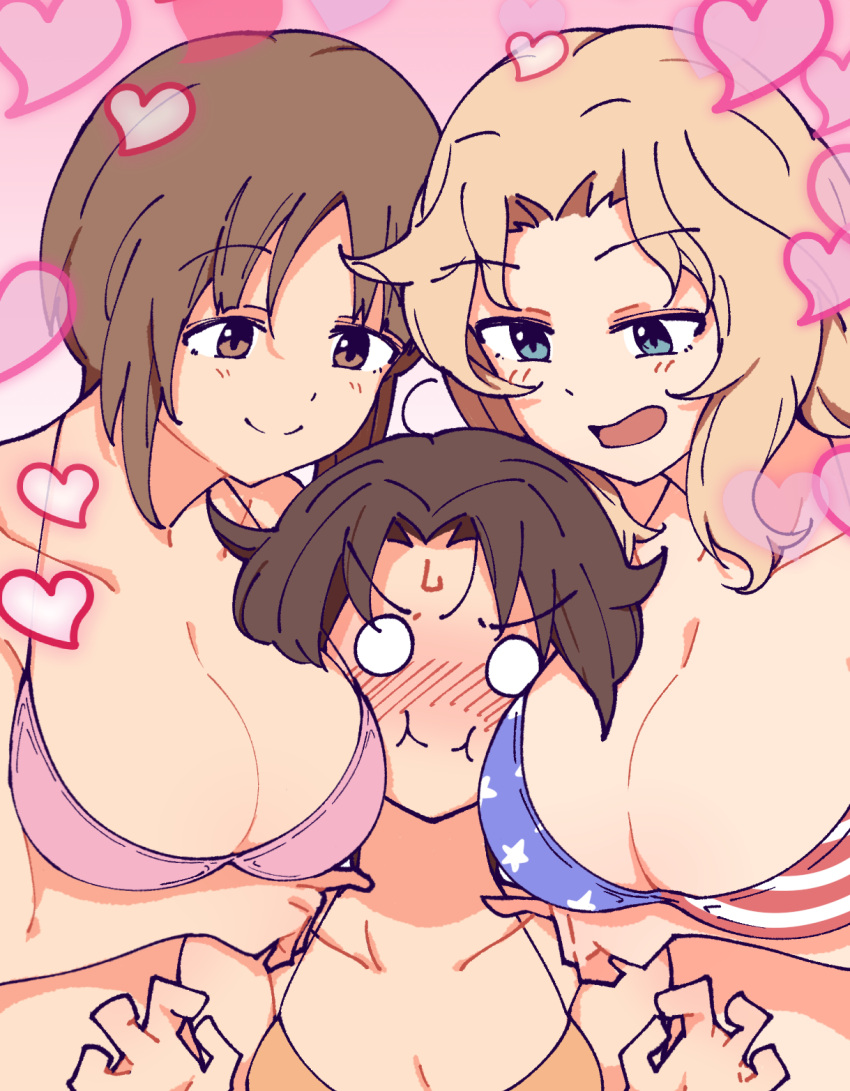 3girls american_flag_bikini bikini blonde_hair blue_eyes blush breasts brown_eyes brown_hair cleavage closed_mouth collarbone flag_print girls_und_panzer heart highres kay_(girls_und_panzer) koyama_yuzu large_breasts long_hair looking_at_another multiple_girls nishizumi_miho open_mouth pink_background pink_bikini short_hair simple_background smile swimsuit unfortunate_hero yellow_bikini yuri