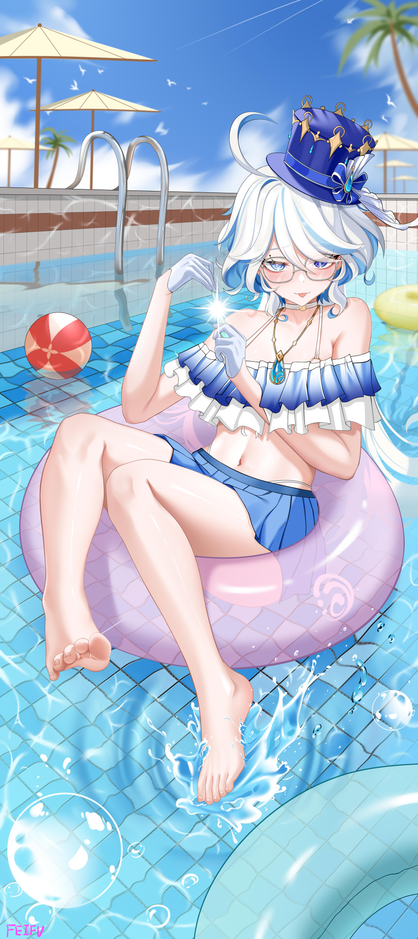1girl :p absurdres ahoge ball bare_legs bare_shoulders barefoot beachball bespectacled bikini bikini_skirt blue_bikini blue_eyes blue_hair blue_headwear blue_skirt blue_sky bubble choker cloud commentary_request day feet feifu furina_(genshin_impact) genshin_impact glasses gloves hands_up hat highres incredibly_absurdres innertube jewelry legs looking_at_viewer miniskirt multicolored_hair navel off-shoulder_bikini off_shoulder pendant pleated_skirt pool skirt sky smile solo stomach streaked_hair swimsuit thighs toes tongue tongue_out top_hat umbrella water white_choker white_gloves white_hair