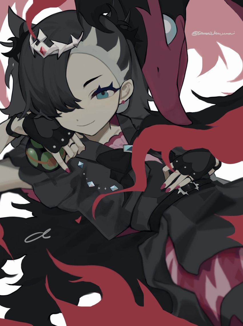 1girl asymmetrical_bangs black_dress black_gloves black_hair blurry closed_mouth commentary_request dress dusk_ball earrings eyelashes fingerless_gloves galarian_moltres gloves green_eyes hand_up highres holding holding_poke_ball jewelry marnie_(champion)_(pokemon) marnie_(pokemon) nail_polish official_alternate_costume poke_ball pokemon pokemon_(creature) pokemon_(game) pokemon_masters_ex purple_nails ring sameniku_umai short_sleeves smile tiara two_side_up white_background