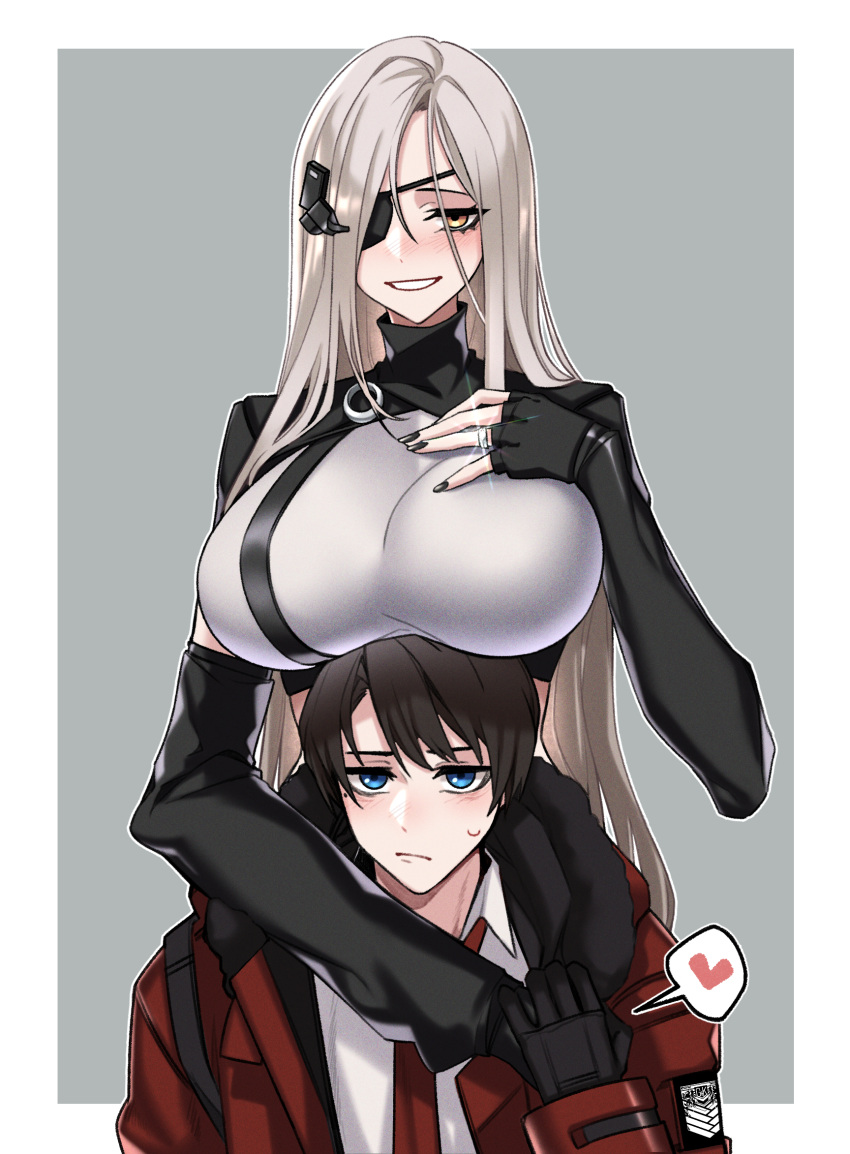 1boy 1girl alchemist_(girls'_frontline) black_gloves black_nails blue_eyes blush border breasts brown_hair closed_mouth collared_shirt commander_(girls'_frontline) commission couple crop_top detached_sleeves dogs_(dlrkdejr26) eyepatch fingerless_gloves framed_breasts fur-trimmed_jacket fur_trim girls'_frontline gloves grey_background griffin_&amp;_kryuger hair_ornament hand_grab hand_up heart hetero highres hood hood_down hooded_jacket jacket jewelry journey_in_the_auspicious_snow_(girls'_frontline) large_breasts long_hair long_sleeves looking_at_viewer mole mole_under_eye nail_polish necktie non-web_source open_mouth red_jacket red_necktie ring shirt short_hair simple_background sweatdrop upper_body very_long_hair wedding_ring white_border white_hair white_shirt yellow_eyes