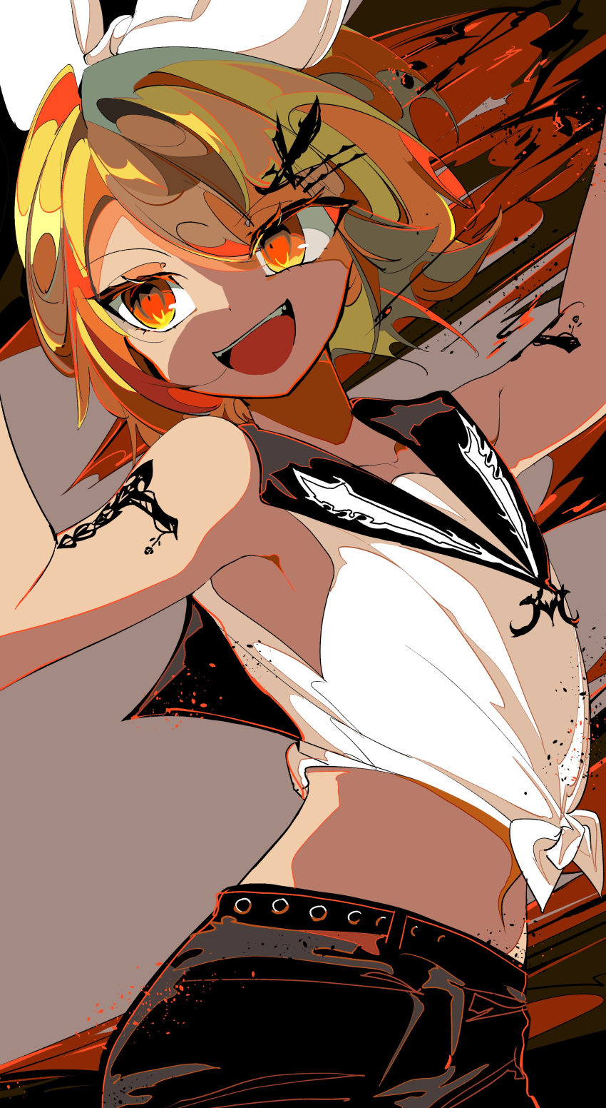 1girl :d absurdres arched_back armpits arms_up bare_arms bare_shoulders black_shirt black_shorts blonde_hair bow collarbone commentary crop_top cross_tattoo fang fiery_background fire flame_print flat_chest hair_bow hair_ornament hairclip highres kagamine_rin kasaki_sakura midriff narrow_waist navel orange_eyes sailor_collar sailor_shirt shirt short_hair shorts shoulder_tattoo skull_tattoo sleeveless sleeveless_shirt smile solo tattoo tied_shirt tsurime vocaloid white_bow white_shirt
