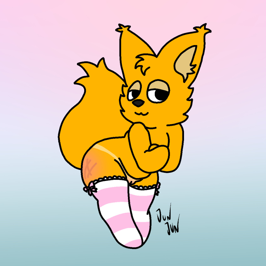 1:1 2023 anthro big_ears big_tail canid canine clothed clothing crossdressing crossed_arms curvy_female fan_character female female/female fox fur genitals gradient_background hi_res jun_jun jun_jun_(character) legwear lycalopex mammal nude orange_body orange_fur pampas_fox partially_clothed pussy simple_background simple_eyes smile solo submissive tail thigh_highs toony young