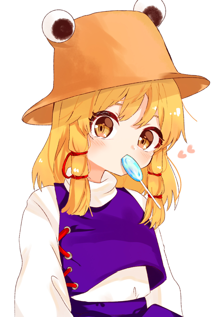 1girl b_nosk101 blonde_hair blush brown_headwear candy closed_mouth eating food hair_ribbon hat heart highres lollipop long_sleeves looking_at_viewer moriya_suwako purple_skirt purple_vest ribbon shirt short_hair simple_background skirt skirt_set solo standing touhou tress_ribbon turtleneck vest white_background white_shirt