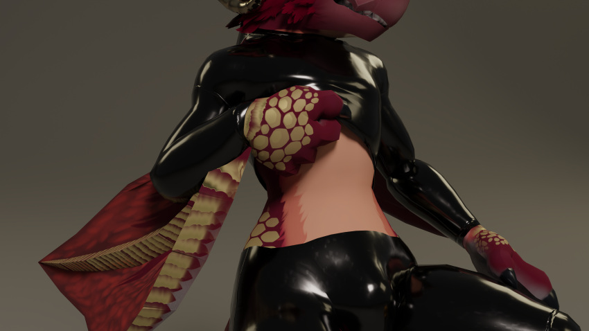 16:9 2023 3d_(artwork) absurd_res anthro beak bessa bessacuga blender_(software) capcom clawed_fingers claws clothed clothing clothing_lift curved_horn digital_media_(artwork) feathers flying_wyvern glistening glistening_body gold_scales hi_res horn latex latex_armwear latex_clothing latex_legwear latex_stockings male monster_hunter multicolored_body nargacuga red_body red_feathers rubber rubber_clothing rubber_suit scales simple_background smile solo standing teeth two_tone_body widescreen wings