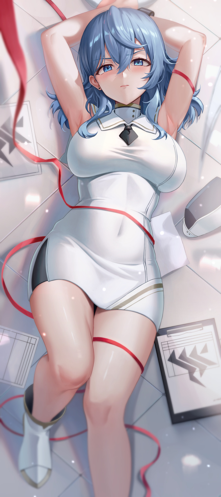 1girl absurdres ako_(blue_archive) armpits arms_up blue_archive blue_eyes blue_hair blush breasts closed_mouth covered_navel dress foot_out_of_frame highres large_breasts looking_at_viewer lying medium_hair on_back red_ribbon ribbon sleeveless solo thighs white_dress white_footwear yj_(yojo_san)