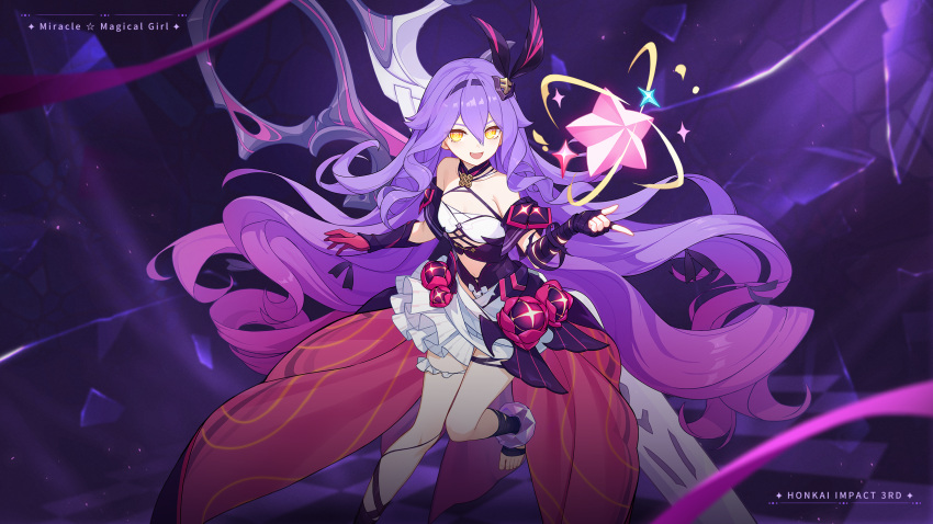 1girl :d bad_source bare_shoulders barefoot breasts character_name chinese_commentary detached_sleeves dress fingerless_gloves foot_out_of_frame gloves hair_between_eyes highres honkai_(series) honkai_impact_3rd logo long_hair official_art open_hand open_mouth pink_gloves purple_hair purple_theme scissors sirin sirin_(miracle_magical_girl) skirt small_breasts smile solo star_(symbol) toes upper_body very_long_hair weapon white_skirt yellow_eyes