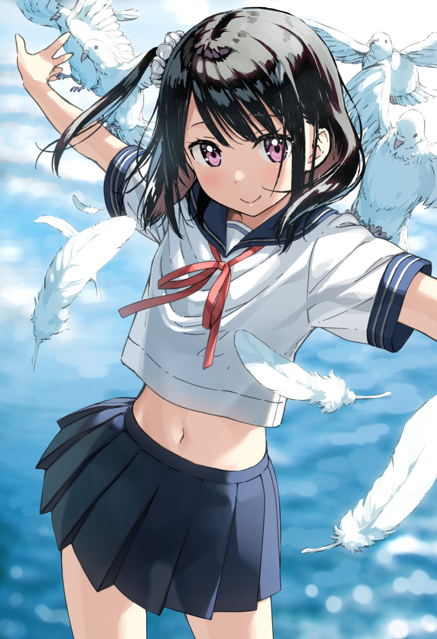 1girl bird blue_sailor_collar blue_skirt blush commentary commentary_request cowboy_shot crop_top feathers flower hair_flower hair_ornament highres kantoku looking_at_viewer midriff miniskirt navel ocean outstretched_arms pleated_skirt sailor sailor_collar school_uniform serafuku shizuku_(kantoku) skirt