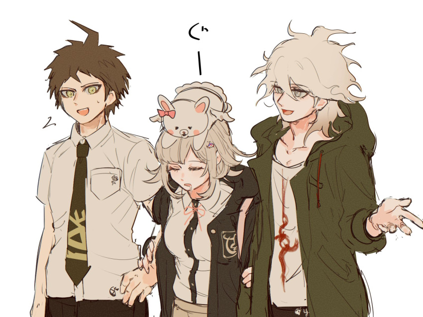 1girl 2boys :d ahoge badge black_shirt breast_pocket brown_eyes brown_hair cowboy_shot danganronpa_(series) danganronpa_2:_goodbye_despair detached_sleeves dress_shirt ear_bow galaga green_jacket green_necktie hair_ornament highres hinata_hajime hood hood_down hooded_jacket jacket kaminezu komaeda_nagito light_brown_hair long_sleeves medium_hair miniskirt multiple_boys nanami_chiaki necktie on_head open_clothes open_jacket open_mouth pleated_skirt pocket print_shirt shirt short_hair simple_background skirt sleeping smile translation_request usami_(danganronpa) white_background white_shirt