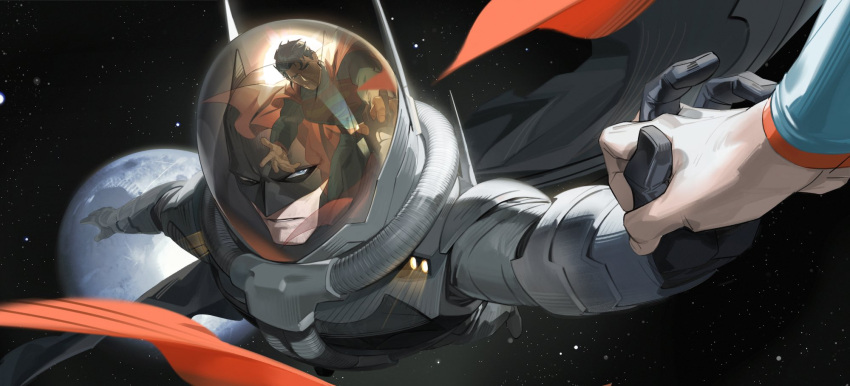 2boys astronaut batman batman_(series) black_cape blue_bodysuit bodysuit bruce_wayne cape clark_kent dc_comics earth_(planet) helmet highres holding_hands male_focus mask multiple_boys planet red_cape reflection space space_helmet spacesuit superman superman_(series) white-corner